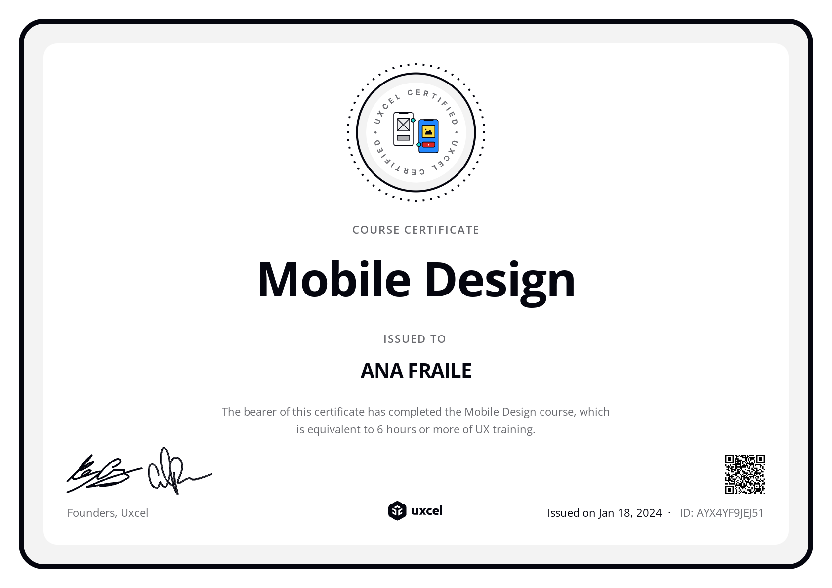 ANA FRAILE's certificate